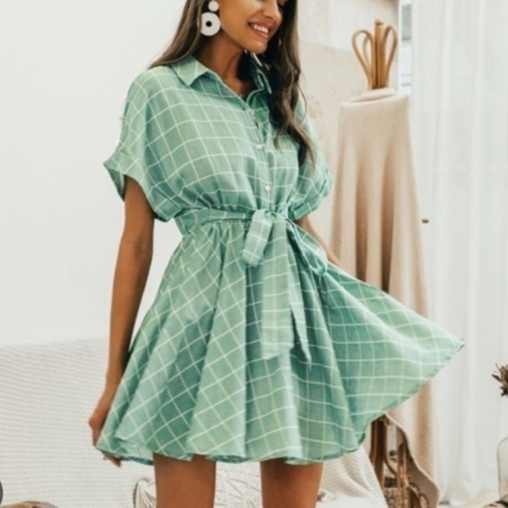 Simplee Green Checkered Collared Mini Dress sz S